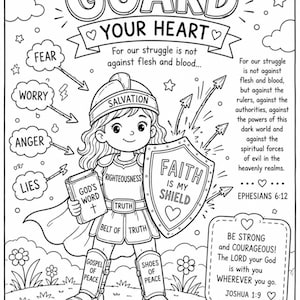 Puede incluir: Una página para colorear en blanco y negro con un guerrero de dibujos animados con armadura etiquetada con términos espirituales como Salvation, Righteousness y Faith. El texto incluye Guard Your Heart, Ephesians 6:12 y Joshua 1:9, entre nubes, flechas y flores.
