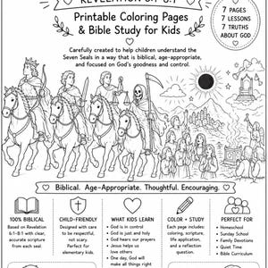 May include: Black and white line art of "The Seven Seals" from Revelation, a printable coloring book and Bible study for children. The image includes illustrations of horsemen, text, and children, designed to teach biblical truths.