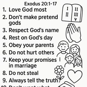 May include: Black and white illustration of "God's 10 Good Rules" from Exodus 20:1-17. The text includes ten rules, with accompanying line art of a heart, family, hands in prayer, and the Ten Commandments.