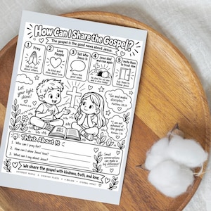 May include: A black and white printable activity sheet titled How Can I Share the Gospel? featuring illustrations of two children, a cross, and an open Bible. The page includes five numbered steps, reflection questions, and inspirational text.