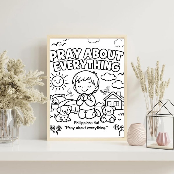 Coloriage « Priez pour tout » | Philippiens 4:6 | Activité biblique chrétienne pour enfants d'âge préscolaire