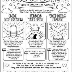 以下が含まれることがあります： GOD IS LOVEと題された白黒の教育用塗り絵ページ。三位一体を説明する3つのセクションがあり、玉座のある父なる神、十字架と墓のある子なるイエス、鳩と開かれた本のある聖霊が描かれています。
