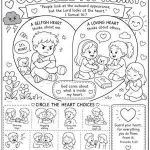 Puede incluir: Página para colorear en blanco y negro con el texto "GOD SEES MY HEART". La página incluye ilustraciones de niños, corazones y versículos bíblicos. Anima a elegir un corazón que honre a Dios.