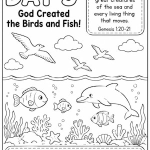 Puede incluir: Ilustración en blanco y negro de aves, nubes, peces y un delfín. El texto dice "¡Día 5 Dios creó las aves y los peces!" y "¡Dios hizo las aves y los peces!" con un versículo bíblico.