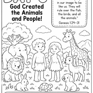 Op de afbeelding: Zwart-wit tekening van een bijbelse scène. De tekst luidt "Dag 6 God schiep de dieren en mensen!" met illustraties van Adam, Eva en verschillende dieren. De onderkant luidt "God maakte de dieren en mensen!"