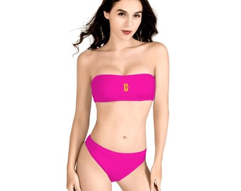 Pink Vibes Zweiteiliger Bandeau-Bikini-Badeanzug für Damen