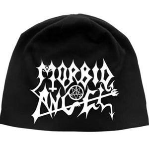 May include: Black beanie with a white logo that says "Morbid Angel" in a gothic font. The logo includes a pentagram, a cross, and a spear.