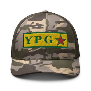 May include: Camouflage trucker hat with a green, yellow, and red embroidered patch that says "YPG" with a red star.
