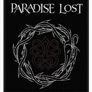May include: Black and white embroidered patch with the text "PARADISE LOST" and a stylized knot design surrounded by a thorny wreath.
