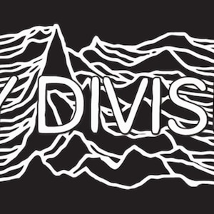 May include: Black and white graphic design featuring the text "JOY DIVISION" in a bold, sans-serif font. The text is superimposed over a stylized mountain range illustration. The design is simple and striking.