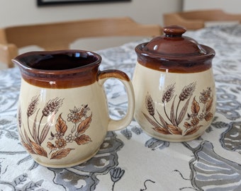 Rustic Stoneware Saucer Set - Vintage Brown & Beige Glazed Creamer - Farmhouse Kitchen Decor