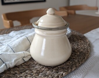 Vintage Pottery Sugar Jar - Gray and White Ceramic Canister - Countryside Kitchen Staple Storage Container