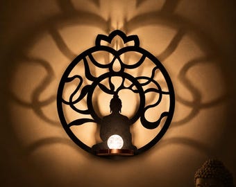 Buddha Metal Wall Art with Crystal Quartz Ambient Light, 20in Yoga Studio Decor