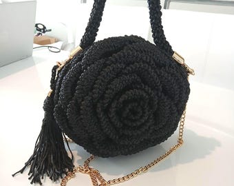 Black Crochet Rose Handbag, 3D Floral Purse, Boho Chic Shoulder Bag, Handmade Elegance