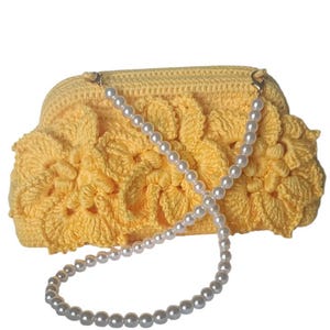 Yellow Crochet Floral Purse With Pearl Chain, HandmadeElegant Clutch Bag, Bridal/Party evening Bag