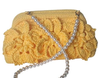 Yellow Crochet Floral Purse With Pearl Chain, HandmadeElegant Clutch Bag, Bridal/Party evening Bag