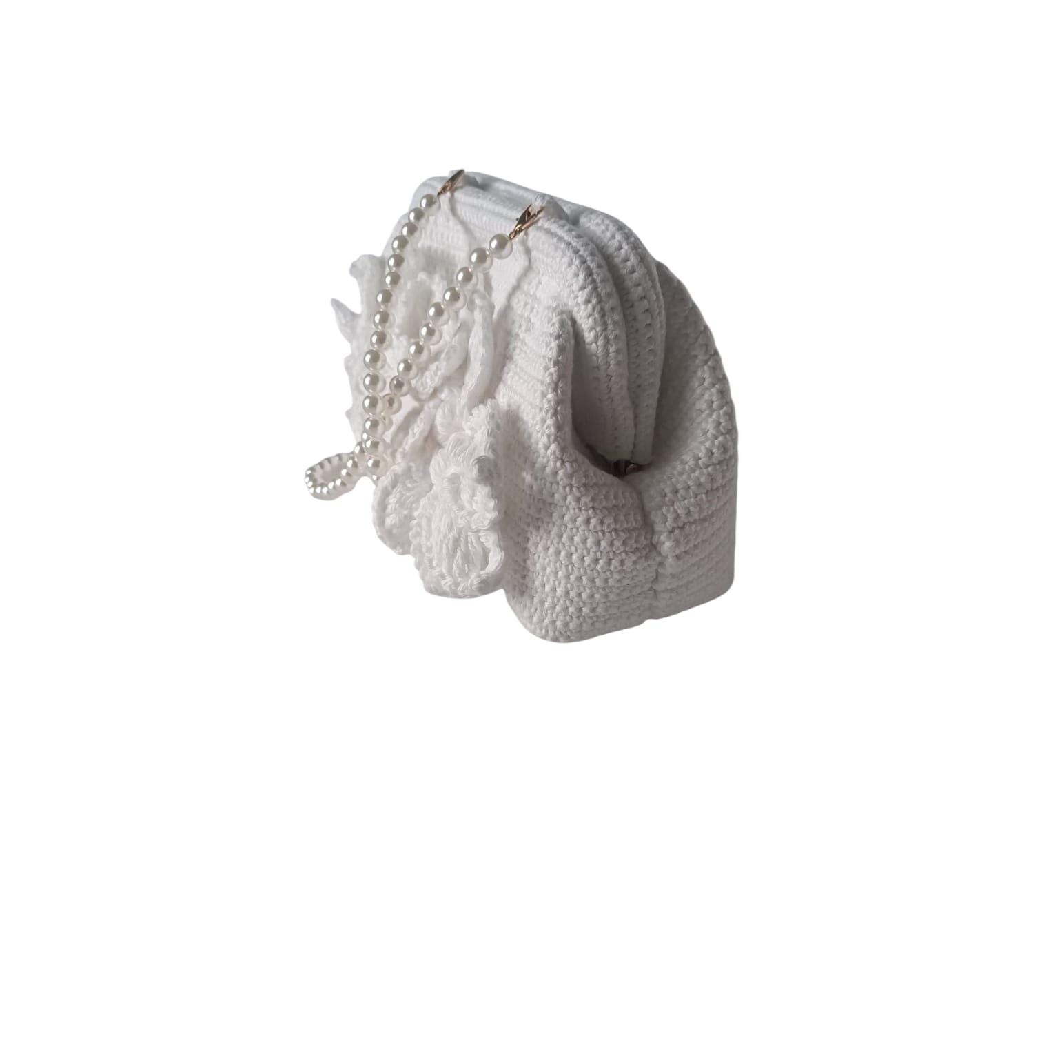 White Crochet Floral Purse With Pearl Chain, Handmadeelegant