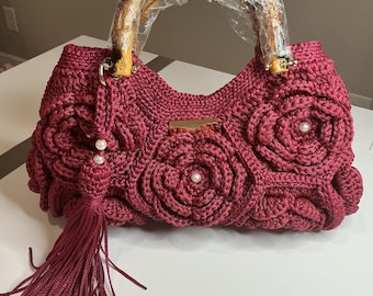 Wine Red Crochet Handbag – 3D Rose Design, Bamboo Handle, Elegant Women's Accessory