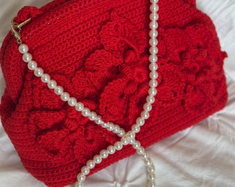 Red Crochet Floral Purse With Pearl Chain, HandmadeElegant Clutch Bag, Bridal/Party evening Bag