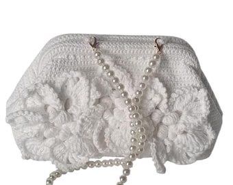 White Crochet Floral Purse With Pearl Chain, HandmadeElegant Clutch Bag, Bridal/Party evening Bag