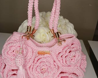 Pink Crochet Handbag with 3D Roses | Bamboo Handle, Tassel Detail, Elegant Accessory