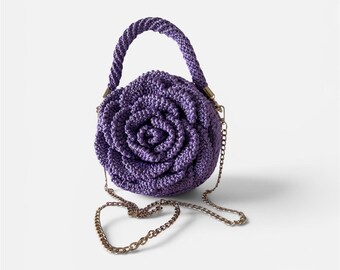 Luxury violeta crochet purse with 3D Rose | Handmade Floral handbag | Elegant Gift for Her.