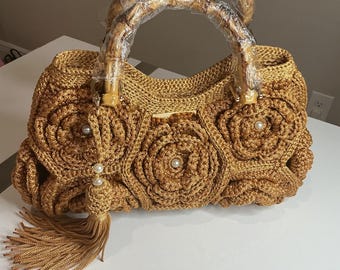 Caramel Brown Crochet Handbag – 3D Rose Design, Bamboo Handle, Elegant Women's Accessory