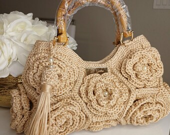 Beige Crochet Handbag with 3D Roses | Bamboo Handle, Tassel Detail, Elegant Accessory