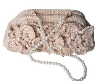Handmade Crochet Floral Clutch, Beige Evening Bag with Pearl Chain