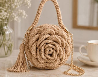 Beige Crochet Rose Handbag, 3D Floral Purse, Boho Chic Shoulder Bag, Handmade Elegance
