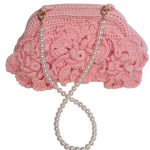 Pink Crochet Floral Purse With Pearl Chain, HandmadeElegant Clutch Bag, Bridal/Party evening Bag