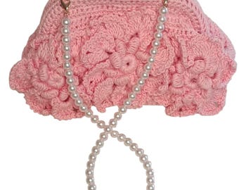 Pink Crochet Floral Purse With Pearl Chain, HandmadeElegant Clutch Bag, Bridal/Party evening Bag