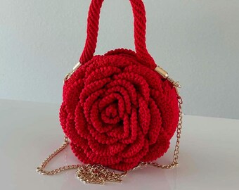 Red Crochet Rose Handbag, 3D Floral Purse, Boho Chic Shoulder Bag, Handmade Elegance