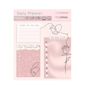 May include: A pink daily planner with sections for goals, to-do list, and tomorrow's tasks. The planner features a butterfly, a rose, and a heart drawn in a single line.