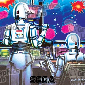 Pu&ograve; includere: Illustrazione vintage del videogioco arcade "Sub Scan" con due figure robotiche in una sala di controllo futuristica. L'opera d'arte utilizza una vibrante tavolozza di colori blu, rosso e bianco. Il logo Sega e il titolo del gioco sono ben visibili.