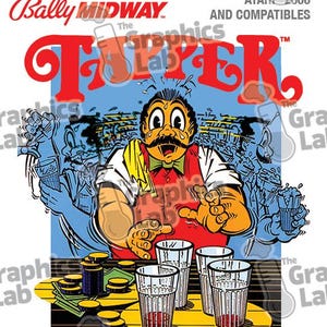 Pu&ograve; includere: Pubblicit&agrave; per il videogioco arcade "Tapper". L'immagine presenta un barista dei cartoni animati con i baffi, circondato da clienti. Il titolo del gioco &egrave; in grandi lettere rosse, con i loghi Bally Midway e Sega.