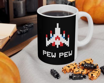 Retro Arcade Fighter Ship Ceramic Coffee Cup | 80s Gaming, Pew Pew Design