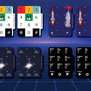 May include: A collection of retro-style game cards with various designs. Some cards feature a dog graphic, others show rockets launching, and some have numerical and text-based interfaces. The color scheme includes red, yellow, blue, and black.