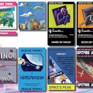 Può includere: Una collezione di cartucce di videogiochi Atari 2600 vintage. Le cartucce sono esposte su uno sfondo bianco. Le cartucce sono per i giochi Octopus, Mines of Minos, Room of Doom, Boing!, Rescue Terra I, Spike's Peak e Spitfire Attack.