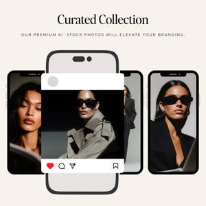 Luxury editorial AI stock photo of a model in brown leather coat and sunglasses with text overlay reading "Enhance Your Branding With Premium AI Stock Images" representing the elevated dark feminine aesthetic of the After Dark Collection.