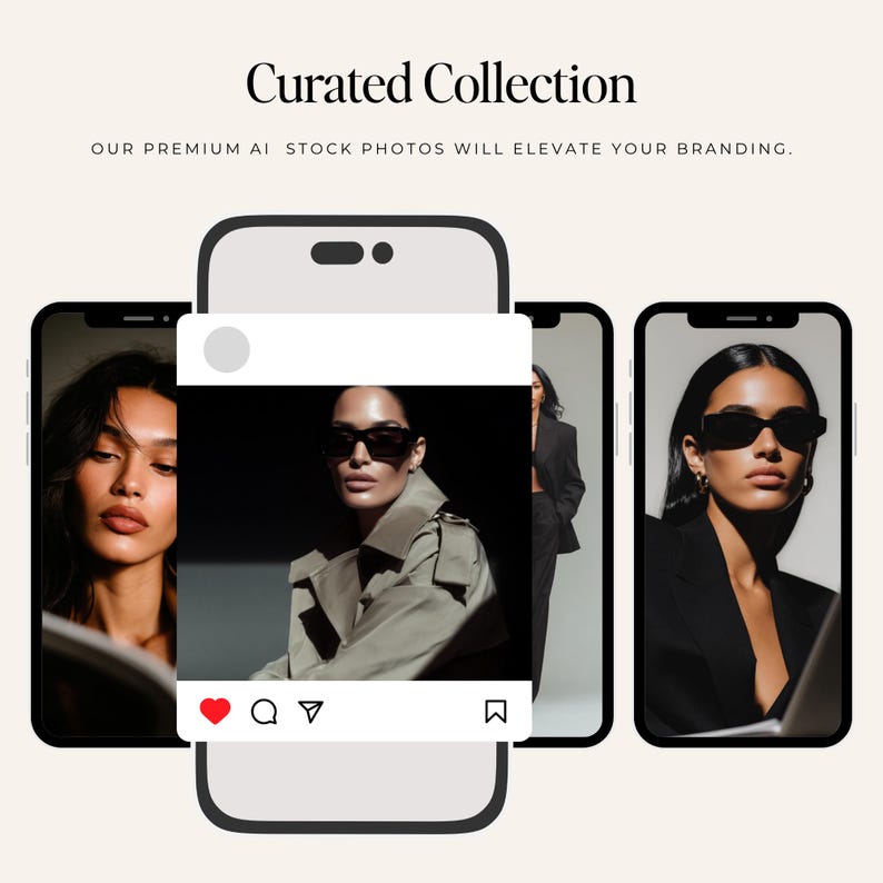 Luxury editorial AI stock photo of a model in brown leather coat and sunglasses with text overlay reading "Enhance Your Branding With Premium AI Stock Images" representing the elevated dark feminine aesthetic of the After Dark Collection.