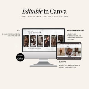 Puede incluir: Un monitor de computadora y una tableta que muestran una plantilla de sitio web. El texto "Editable in Canva" est&aacute; en la parte superior. El monitor muestra un sitio web con fotos. El texto a la izquierda dice "Cambiar texto, fuentes, colores y tama&ntilde;o."