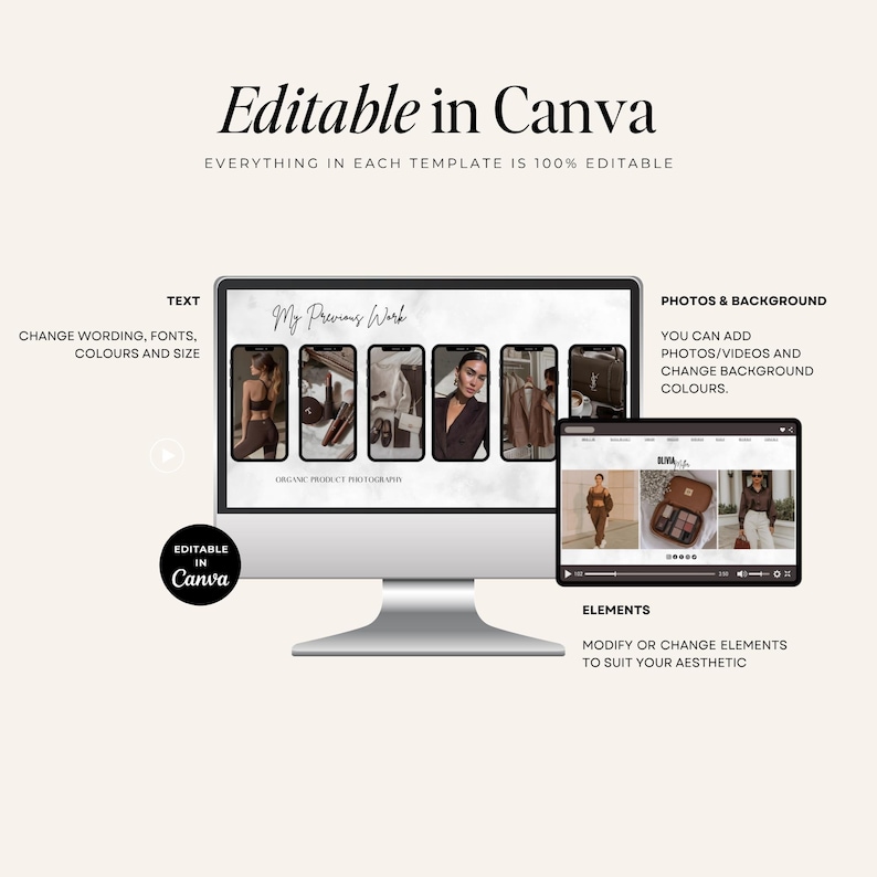 Puede incluir: Un monitor de computadora y una tableta que muestran una plantilla de sitio web. El texto "Editable in Canva" est&aacute; en la parte superior. El monitor muestra un sitio web con fotos. El texto a la izquierda dice "Cambiar texto, fuentes, colores y tama&ntilde;o."