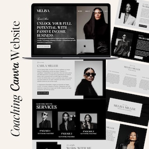 May include: A laptop displaying a website design with a black and white color scheme. The website features the name "MELISA" and the text "UNLOCK YOUR FULL POTENTIAL WITH PASSIVE INCOME BUSINESS". Additional website mockups are also visible.