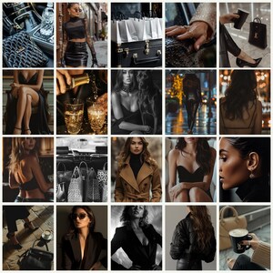 May include: A collection of images showcasing luxury fashion items and accessories. Includes a quilted black handbag, a black leather skirt, a tan trench coat, and a black bomber jacket. Also, a black coffee mug with a gold logo.