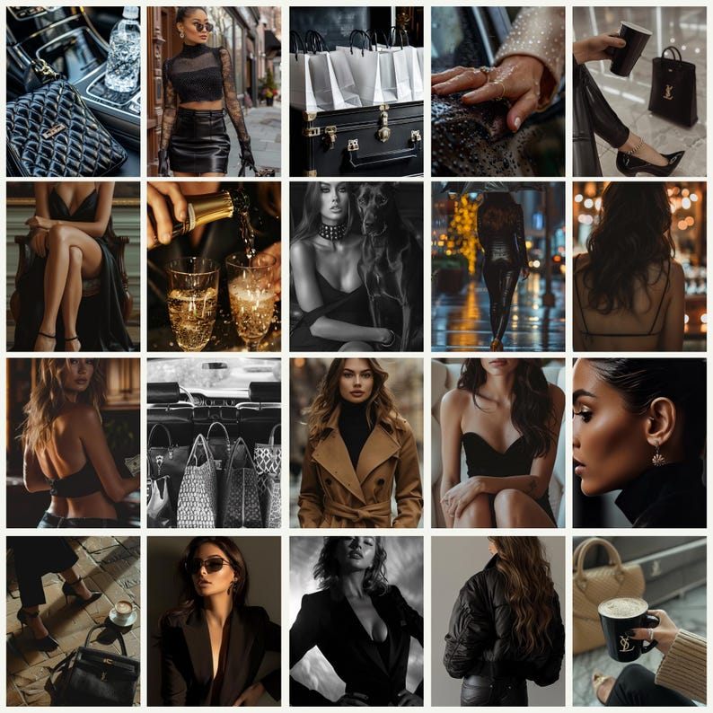 May include: A collection of images showcasing luxury fashion items and accessories. Includes a quilted black handbag, a black leather skirt, a tan trench coat, and a black bomber jacket. Also, a black coffee mug with a gold logo.