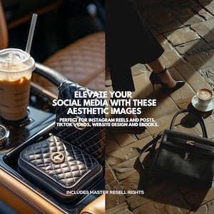 May include: A split image showing a coffee drink, a black quilted handbag, and a black leather handbag. The image includes text: "ELEVATE YOUR SOCIAL MEDIA WITH THESE AESTHETIC IMAGES". The image is designed for aesthetic purposes.