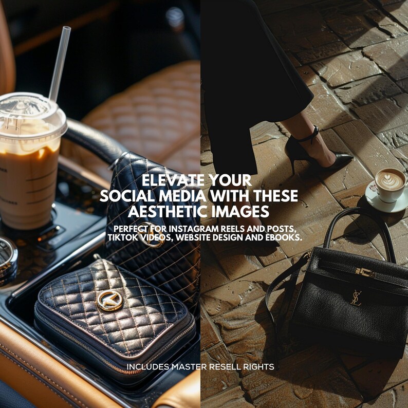 May include: A split image showing a coffee drink, a black quilted handbag, and a black leather handbag. The image includes text: "ELEVATE YOUR SOCIAL MEDIA WITH THESE AESTHETIC IMAGES". The image is designed for aesthetic purposes.