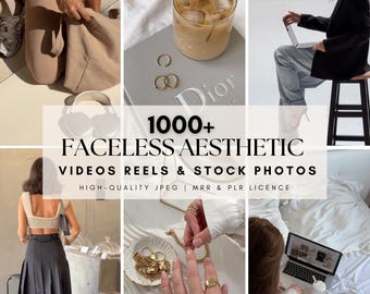 May include: A collage of images featuring a variety of aesthetic themes, including a cup of coffee, a laptop, jewelry, and a person wearing a knitted top. The text "1000+ FACELESS AESTHETIC VIDEOS REELS & STOCK PHOTOS HIGH-QUALITY JPEG | MRR & PLR LICENCE" is displayed in the center of the collage.