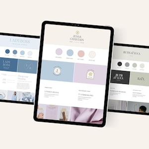 May include: Three tablets displaying brand design concepts. The tablets showcase color palettes, logos, and font selections for "LADYBOSS", "JESSA CHASTAIN", and "RUTH & LUCA". The color schemes include pastel shades of blue, pink, and gray.